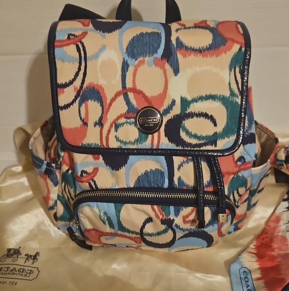 Coach Ikat Scribble Multicolor Signatur Backpack W/Matching Scarf Rare Navy Trim - Picture 4 of 16